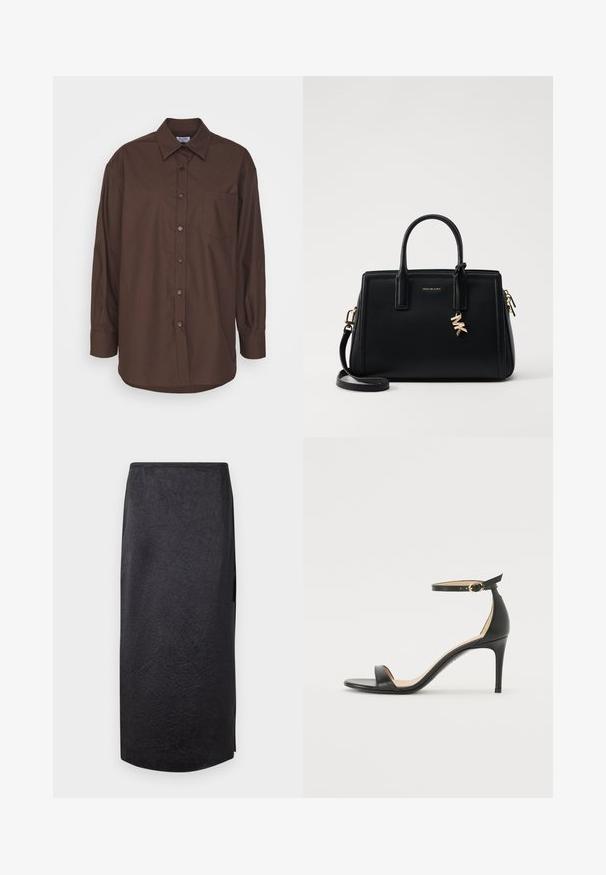 Brūns krekls ar garām piedurknēm, kam ir pogājams apkakle, krūšu kabata un izliekts apakšmalas dizains. Izgatavots no austa auduma ar gludu tekstūru.; Melnā midi svārki ar krokotu tekstūru, taisnu griezumu un sānu izgriezumu. Materiāls izskatās viegls. Apakšmala ir nedaudz noapaļota.; Melnas ādas augstpapēžu sandales ar potītes siksniņu. Iezīmes gluda tekstūra, atvērta purngala un plāna papēža. Zelta krāsas sprādzes detaļa.; Melnas ādas rokas soma ar strukturētu dizainu, dubultiem augšējiem rokturiem, noņemamu plecu siksnu, zelta aparatūru un logo piekariņu akcentu.