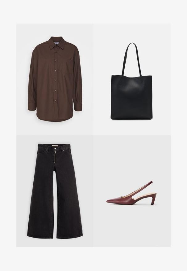Smeđa košulja s dugim rukavima, dugmadi na ovratniku, džepom na prsima i zakrivljenim rubom. Napravljena od tkanine s glatkom teksturom.; Široke traperice od crnog denima s prednjim zatvaračem, dizajnom s pet džepova i suptilnim detaljima šivanja. Glatka tekstura i ležeran stil.; Burgundske potpetice sa otvorenom pete, oštar vrh, izrezane detalje sa strane i srednje visoku blok petu. Glatka kožna završna obrada.; Crna kožna torba za nošenje s glatkom teksturom, pravokutnim oblikom i dvije duge ručke. Nema vidljivih metalnih dijelova ili ukrasa.