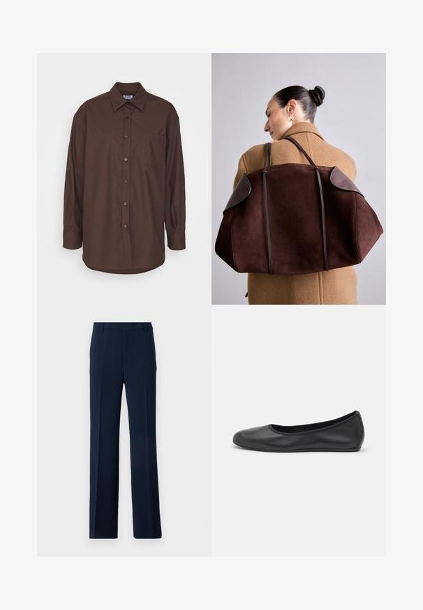 Hnedá dlhá rukávová košeľa s golierom na gombíky, prednou vreckom a zakriveným lemom. Vyrobená z tkaniny s hladkou textúrou.; Námornícky modré nohavice vyrobené z hladkej látky, s rovnými nohavicami, prednými záhybmi a bočnými vreckami pre upravený vzhľad.; Čierne kožené baleríny s okrúhlou špičkou, hladkým povrchom, minimálnym prešívaním a flexibilným dizajnom podrážky.; Hnedá semišová kabelka s tmavými koženými doplnkami, so štruktúrovaným tvarom a dvojitými popruhmi, držaná na pleci proti béžovému kabátu.