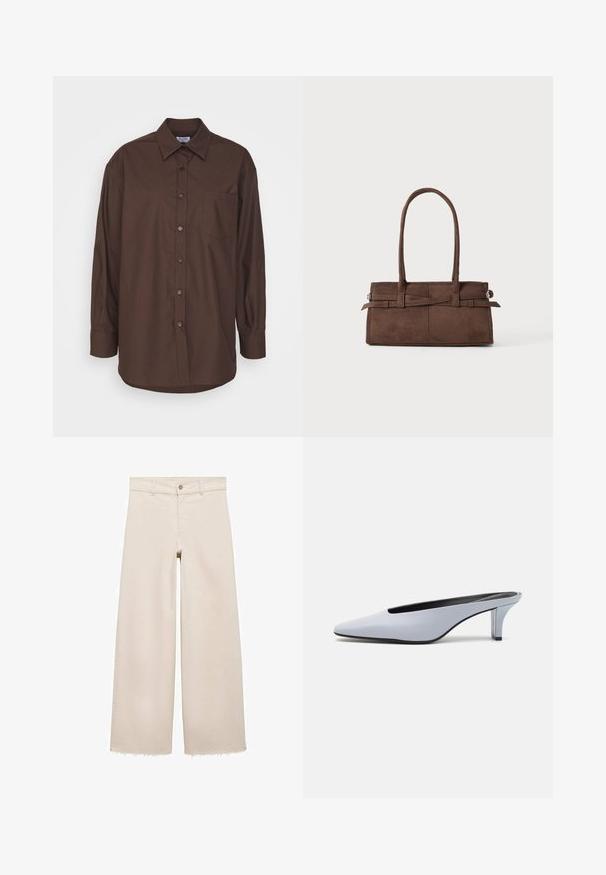 Rjava srajca z dolgimi rokavi in gumbom na ovratniku, žepom na prsih in ukrivljenim robom. Narejena iz tkanine z gladko teksturo.; Bež jeans hlače širokega kroja z visokim pasom, z zapiranjem na gumb, sprednjimi žepi in raztrganim robom. Narejene iz denima.; Svetlo modre lakirane mule s poudarjenim nosom, nizkim prozornim petam in elegantnim dizajnom z izrezom na sprednjem delu.; Rjava semiš torba z dvema robustnima ročajema, pravokotne oblike in dekorativnim trakom po sprednji strani.