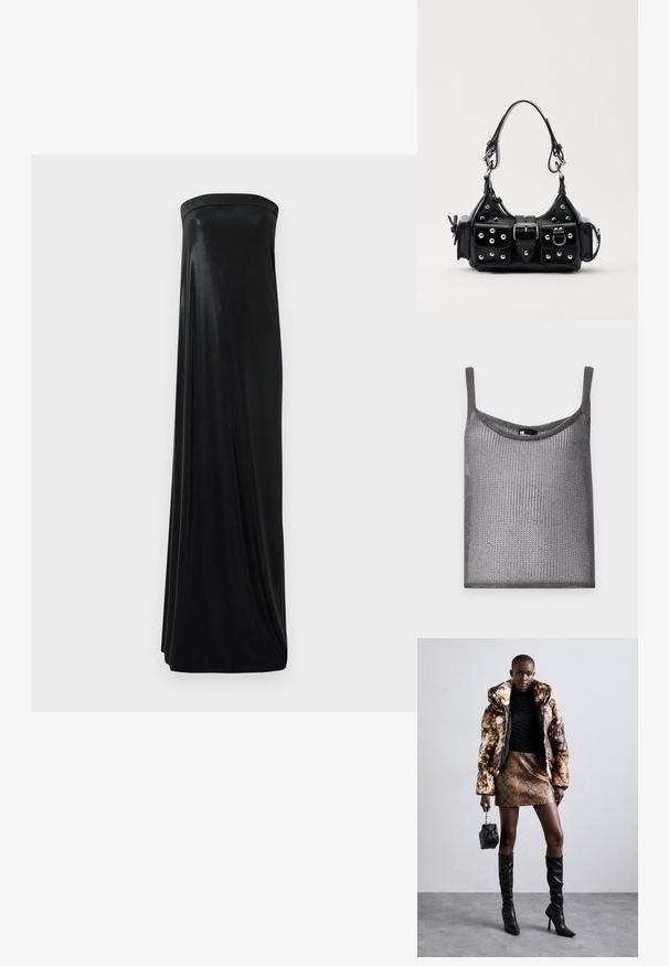 Pilkos spalvos be rankovių marškiniai, pagaminti iš minkšto, tekstūruoto mezginio audinio. Marškiniai turi laisvą siluetą ir apvalų iškirpimą. Yra plonos petnešėlės.; Juoda maxi suknelė be petnešėlių, pagaminta iš glotnaus, blizgaus audinio. Suknelė turi prigludusią viršūnę ir laisvą siluetą, siekiantį grindis, be jokių puošmenų.; Pūkuotas džemperis su rudos ir juodos spalvų raštu, derinamas su rudą gyvatės rašto mini sijonu, juodais ilgaauliais batais iki kelių ir mažyte juoda rankine.; Juodas odinis rankinukas su kreiviu dizainu, su sidabro spalvos knopkėmis, užsegimu ir dviem šoninėmis kišenėmis. Reguliuojama dirželis nešimui.