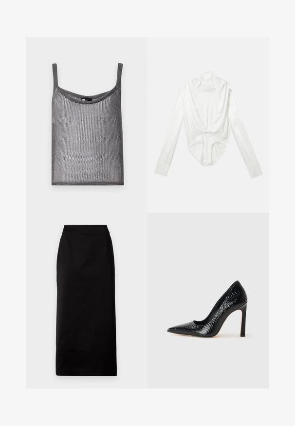 Pilkos spalvos be rankovių marškiniai, pagaminti iš minkšto, tekstūruoto mezginio audinio. Marškiniai turi laisvą siluetą ir apvalų iškirpimą. Yra plonos petnešėlės.; Balta ilgųjų rankovių bodysuit su giliu kaklo iškirpimu ir spaudimo uždarymu kirkšnyje, pateikta ant paprasto balto fono.; Juoda iki kelių sijonas su tiesia forma, pagamintas iš lygaus audinio. Turi dvi šonines kišenes ir tvarkingą juosmens dizainą.; Juoda smailiakulnė aukšto kulno bateliai su krokodilo odos tekstūra, pasižymintys elegantišku dizainu, aukštu stiletu kulnu ir lygia juoda vidine dalimi.