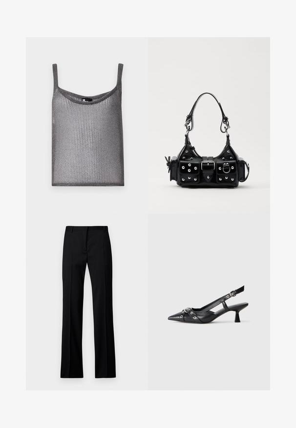 Grå ärmlös topp i mjukt, texturerat stickat tyg med lös passform och rundad halsringning. Har tunna axelremmar.; Svarta raka byxor i slätt tyg, med platt front, bälteshällor och utan synliga fickor eller dekorationer.; Svart lädersko med slingback-design, spetsig tå, dekorativa remmar med metallöglor och en låg klack. Texturerad yta.; Svart läderhandväska med en kurvad design, prydd med silverfärgade nitar, ett spänne och två sidofickor. Justerbar rem för olika bäralternativ.