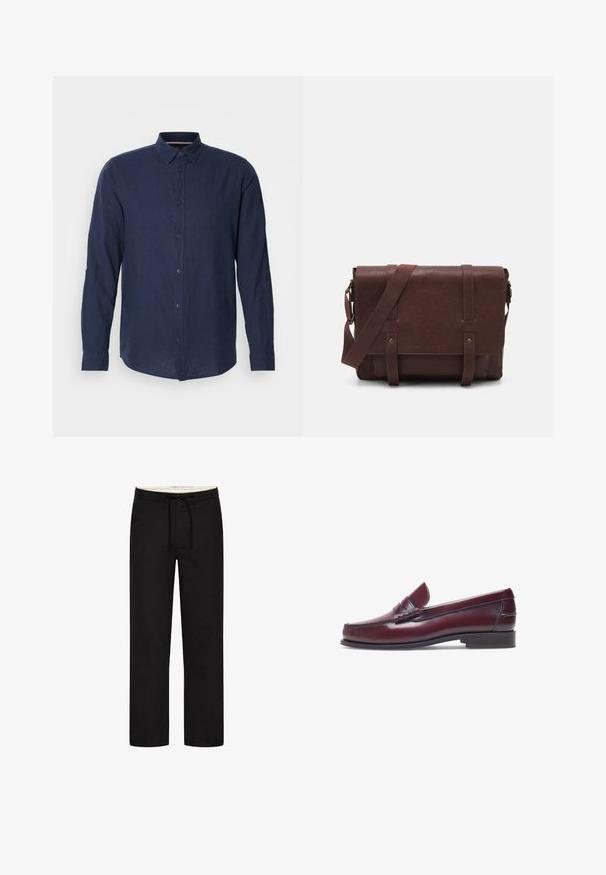 Camicetta a maniche lunghe blu scuro in tessuto leggero, con colletto a bottoni, bottoni frontalmente e polsini arrotolati per una vestibilità regolabile.; Pantaloni neri a gamba dritta con vita elasticizzata, coulisse e design sobrio. Texture del tessuto morbida. Nessun motivo o dettaglio visibile.; Mocassino in pelle bordeaux con punta tonda, dettagli cuciti e un piccolo accentu decorativo sulla tomaia. Suola piatta in contrasto.; Borsa a tracolla in pelle marrone con un davanti piatto, due cinghie, dettagli in metallo dorato e una tracolla regolabile.