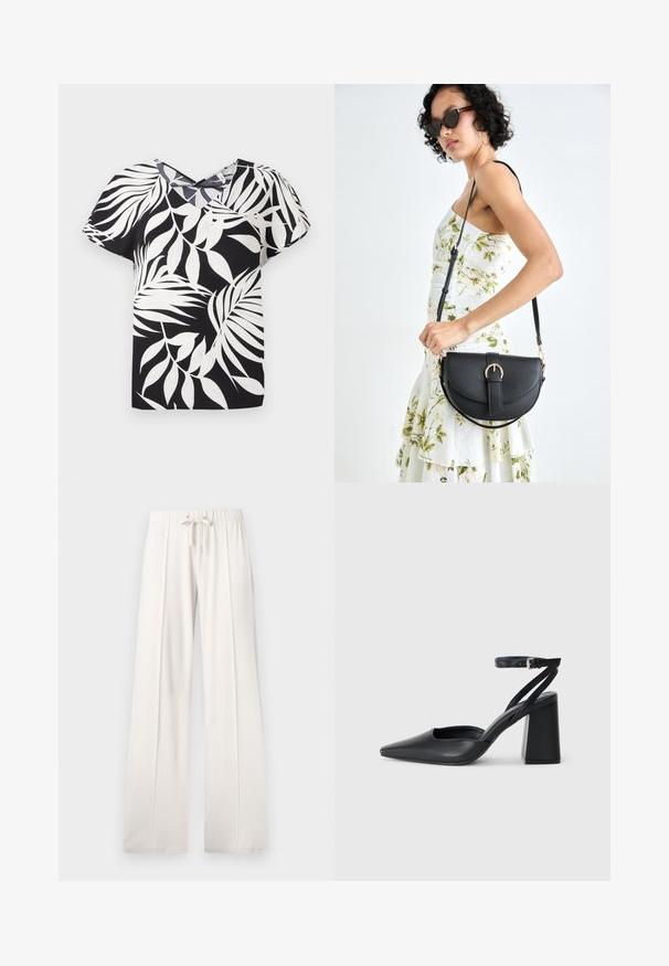 Schwarze Kurzarmbluse mit weißem Blattformmuster, ausgestattet mit einem V-Ausschnitt und strukturiertem Stoff.; Hellbeige Sweatpants aus weichem Stoff, mit einem Kordelzugbund, weitem Bein und vertikalen Nähten, mit einer glatten Textur.; Schwarze Leder-Pumps mit spitzer Zehe, einem Knöchelriemen und einem blockigen Absatz. Flache Textur, elegantes Design und minimalistische Ästhetik.; Schwarze Lederhandtasche mit geschwungener Form, abnehmbarem Tragegurt und goldenen Beschlägen. Die Tasche verfügt über einen Deckel mit einer Schnallen-Details.