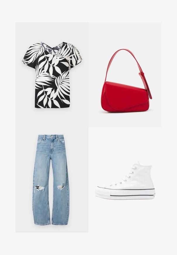 Black short-sleeve blouse with white leaf pattern, featuring a v-neck design and textured fabric.; Light blue, high-waisted jeans made of denim. Feature wide legs, two torn knee areas, and classic five-pocket styling.; White high-top canvas sneaker with black rubber sole, front rubber toe cap, and six eyelets for laces, featuring a clean, minimalist design.; Red leather handbag with an angular, geometric design. Features a single adjustable strap and a flap closure with stitched detailing.