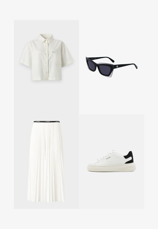 Camisa branca de manga curta com colarinho, feita de algodão, apresentando um design cropped, dois bolsos no peito e um pequeno logotipo.; Saia plissada branca com uma cintura elástica preta que apresenta o logótipo "LACOSTE". Design de comprimento médio com textura suave.; Sapatilhas brancas de couro com uma sola branca espessa, detalhe em camurça preta no calcanhar e logótipo em relevo na lateral. Design com atacadores e seis ilhós.; Óculos de sol oversized pretos com forma geométrica, apresentando lentes escuras e um detalhe cinza em contraste na armação. Logotipo na haste.