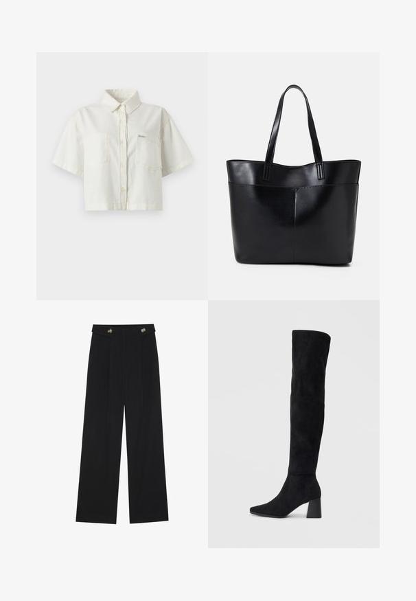 White short-sleeve collared shirt made of cotton, featuring a cropped design, two chest pockets, and a small logo label.; Black wide-leg trousers with high waist, button details on waistband, and front pleats.; Black suede knee-high boot with block heel, pointed toe, and smooth, seamless design on a plain light background.; Black leather tote bag with two long handles, a smooth texture, and a structured shape. Features a front pocket for additional storage.