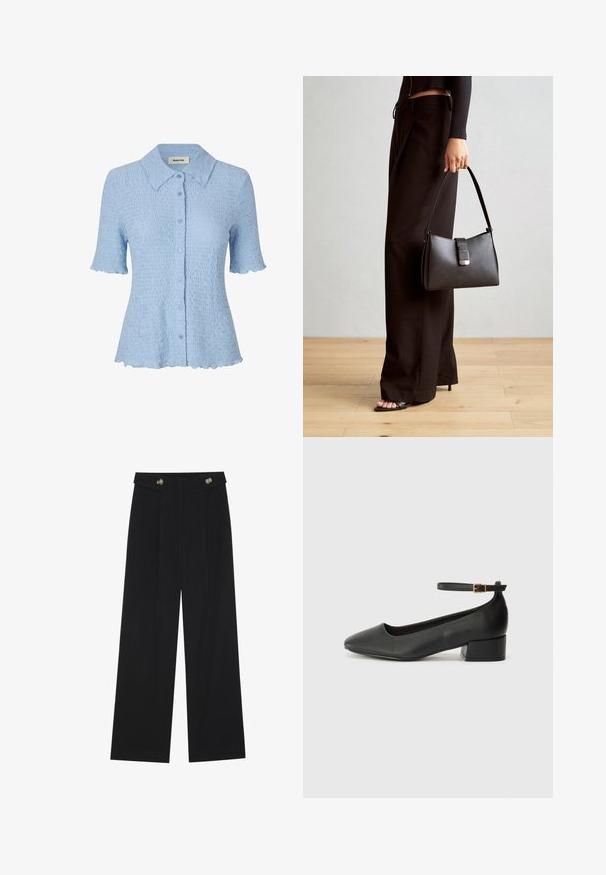 Light blue short-sleeved shirt with a textured wavy pattern, button closure, and scalloped hem and sleeve edges. Collared design.; Black wide-leg trousers with high waist, button details on waistband, and front pleats.; Black leather pump with a pointed toe and a low block heel. Features an ankle strap with a gold-tone buckle. Smooth texture.; Black handbag with structured shape, smooth texture, and a metallic clasp. Paired with wide black pants and open-toe sandals on wooden floor.