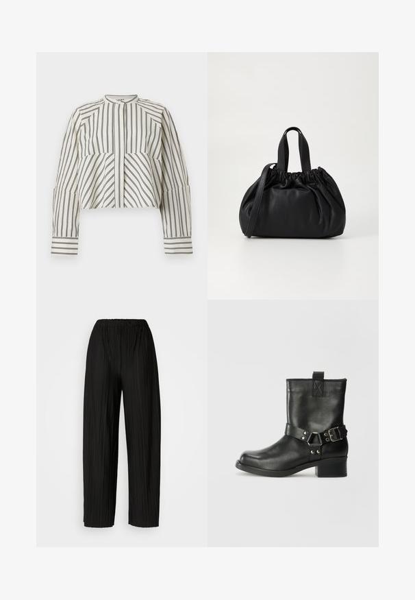Kraftet skjorte i kremfarge med svarte vertikale striper. Har høy hals, knappestolpe foran og lange ermer med mansjettdetaljer.; Svart, pregede bukser med løs midje som har bred benvidde. Stoffet har vertikale folder og en glatt tekstur.; Samsøe Samsøe SABRENTA - Cowboystøvletter - black; Svart lærveske med en samlet toppdesign, som har to korte håndtak og en lang justerbar stropp. Glatt tekstur, rund form.