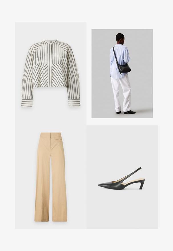 Cămașă scurtă de culoare crem cu dungi verticale negre. Are un guler înalt, o închidere cu nasturi pe față și mâneci lungi cu detalii la manșetă.; Pantaloni bej cu croi larg, dintr-un amestec de bumbac. Au o textură netedă, talie elastică și un detaliu cu buton lateral.; Pantof cu toc mic, cu vârf ascuțit și slingback, realizat din piele netedă, având un design decupat pe lateral pentru respirabilitate.; Geantă de umăr din piele neagră cu o textură moale, formă triunghiulară și curea ajustabilă, asortată cu o bluză cu dungi albastre deschise și pantaloni albi.