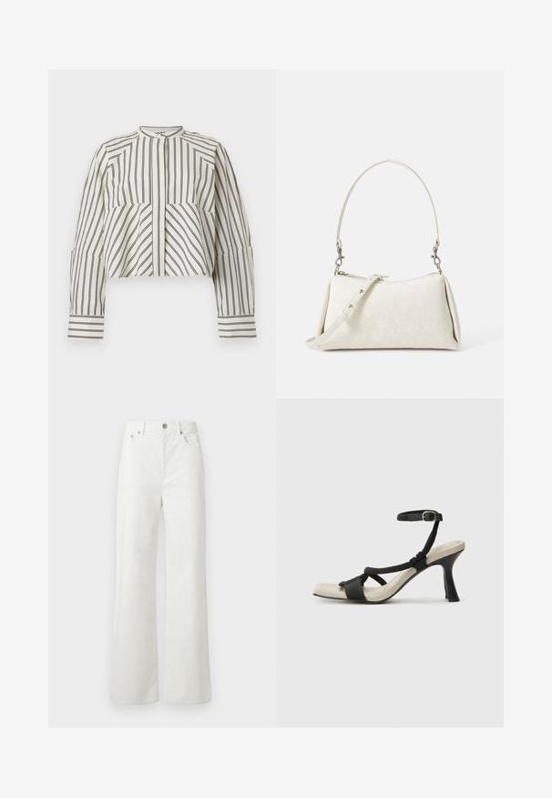 Kort skjorta i kräm med svarta vertikala ränder. Har en hög halsringning, framknäppt knappslå och långa ärmar med manschettdetaljer.; Samsøe Samsøe SHELLY - Jeans relaxed fit - clear cream; Svart klacksandaler med flätad remdesign, fyrkantig tå och justerbar vristrem. Ljusbeige fotbädd med glansig svart klack.; Vit handväska med slät textur, kurvad silhuett och justerbar axelrem. Har subtilt logomönster och silverfärgade detaljer.