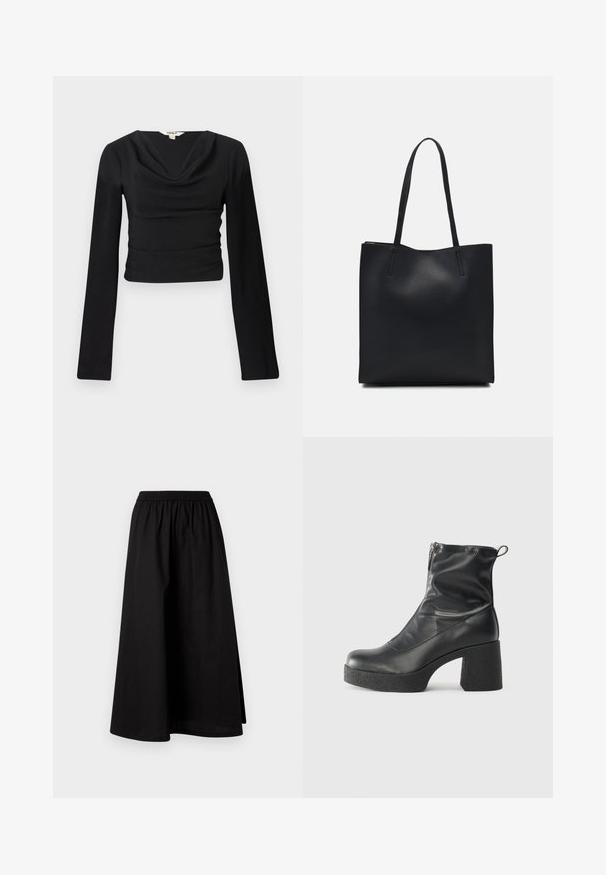 Melnas garām piedurknēm tops ar izgriezumu un strukturētu audumu; piegulošs dizains, kas ir līdz jostasvietai, ar gludām, plakanu šuvēm.; Melna, ceļgalu garuma svārki, izgatavoti no viegla materiāla, ar elastīgu jostu un brīvu A formas siluetu. Uzskatāmi raksti nav redzami.; Melni potītes zābaki, kas izgatavoti no gludas ādas, ar sānu rāvējslēdzēju, masīvu strukturētu papēdi un noapaļotu purngalu.; Melnas ādas somiņa ar gludu tekstūru, taisnstūra formu un divām garām rokturiem. Nav redzamu aparatūras vai rotājumu.