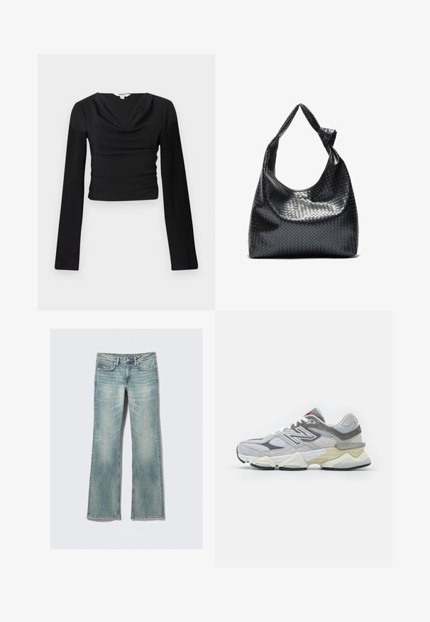 Melnas garām piedurknēm tops ar izgriezumu un strukturētu audumu; piegulošs dizains, kas ir līdz jostasvietai, ar gludām, plakanu šuvēm.; Sudraba garām piedurknēm augšdaļa ar noapaļotu dekoltē un izgriezumu zemāk. Izgatavota no teksturēta auduma, ar pieguļošu dizainu un plandošām piedurknēm.; Gai zili džinsi ar nelielu izbalēšanu, piecas kabatas, pogu aizdare un taisnas kājas uz balta fona.; Pelēki zamšā un tīkla sporta apavi ar biezu baltu un bēšīgu zoli, ar izteiktu baltu logotipu un sarkaniem akcentiem.; Melnas austo ādas rokassoma ar vaļīgu dizainu, kurai ir mezglots siksna un neliels dekoratīvs zelta uzstuds augšdaļā.