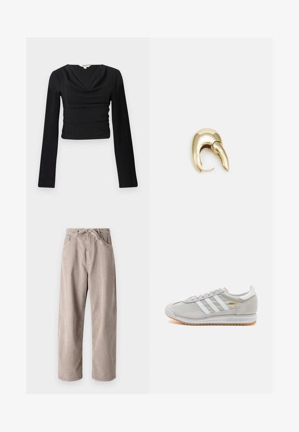 Black long-sleeve top with cowl neckline and textured fabric; fitted design cropped at the waist, with smooth, flat seams.; Beige corduroy trousers with a loose fit, featuring a drawstring waist, two front pockets, and vertical ribbed texture.; Light grey sneaker made of suede and mesh, featuring three white stripes, round toe, and a gum rubber sole. Gold logo accent near laces.; Gold-tone metal earring with a sleek, curved design. Features a distinctive pointed shape, polished surface, and hinge closure.
