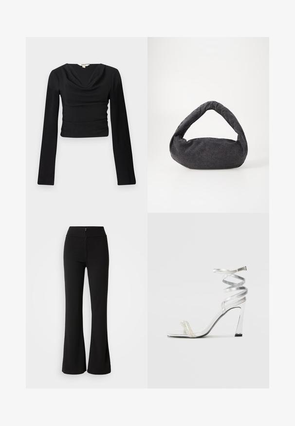 Top preto de mangas longas com decote drapeado e tecido texturizado; design justo, cortado na cintura, com costuras suaves e planas.; Calças pretas com flare, feitas de tecido elástico, com uma cintura alta ajustada e um detalhe de fecho éclair na frente. Textura lisa sem padrões.; Sandalha de salto alto prateada com um design de tira brilhante, apresentando um detalhe semelhante a uma pérola e uma tira de tornozelo espiralada para um ajuste seguro.; Saco de tecido cinza escuro com uma alça curva, textura suave e forma arredondada. Sem hardware ou adornos visíveis.