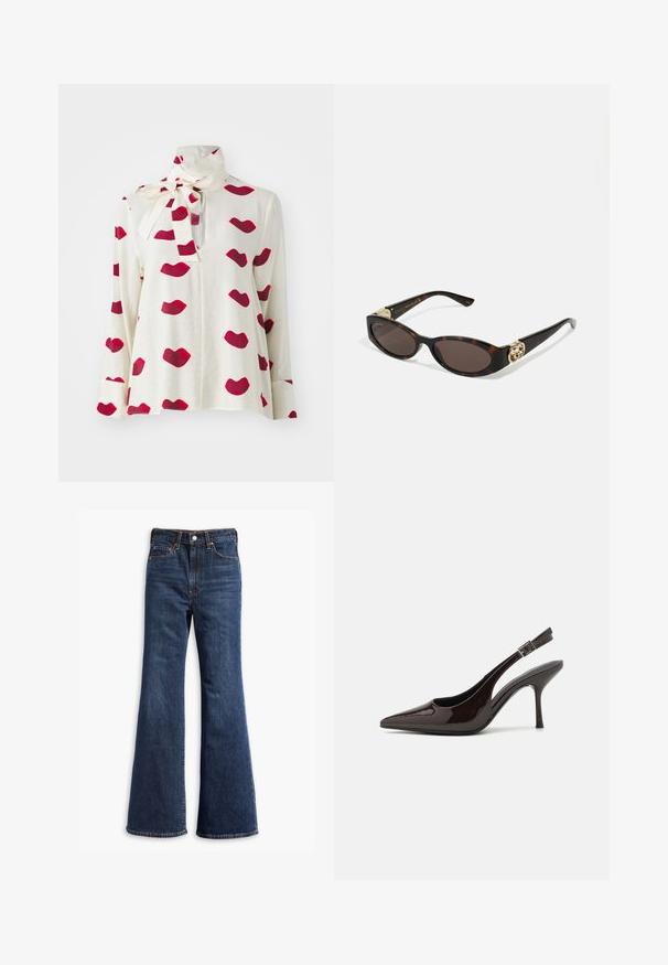 Bluză albă cu mâneci lungi, cu guler înalt și fundă. Prezintă un imprimeu cu buze roșii pe întreaga suprafață a țesăturii. Textură ușoară și fină.; Jeans din denim dark blue, cu talie înaltă, picioare evazate, închidere cu buton și fermoar în față, și design cu cinci buzunare.; Pantof cu toc înalt Slingback din piele sintetică lucioasă de culoare maro închis, vârf ascuțit, laterale deschise și curea ajustabilă la glezne.; Ochelari de soare din țiglă cu lentile ovale alungite, nuanță maro, accente cu logo auriu pe brațele laterale și brațe negre elegante.