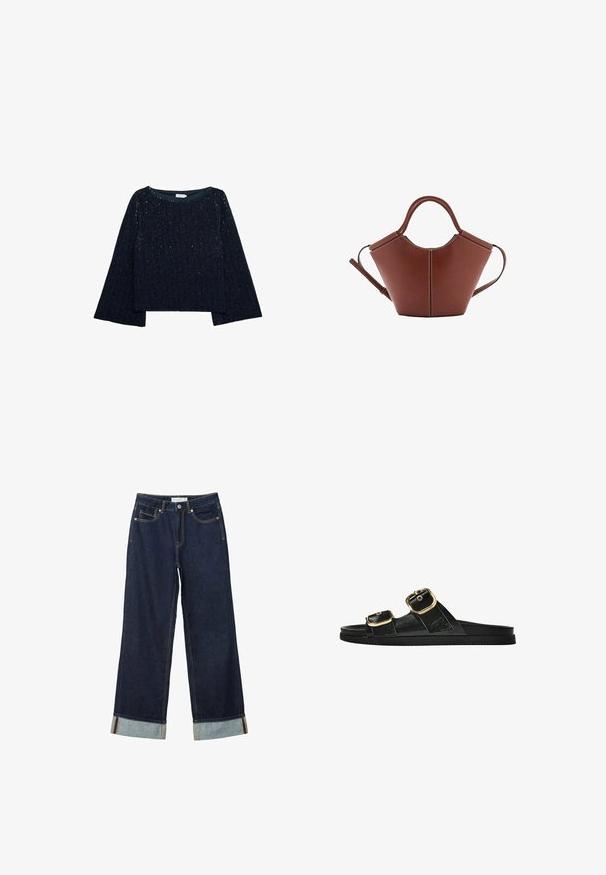 Granatowy, krótki sweter z rozkloszowanymi długimi rękawami, teksturowana tkanina, z subtelnymi akcentami połysku. Okrągły dekolt, luźny krój.; Ciemnoniebieskie dżinsy o szerokich nogawkach i wysokim stanie, z podwiniętymi mankietami, kontrastowym przeszyciem i pięcioma kieszeniami. Wykonane z materiału dżinsowego.; Czarne klapki z dwoma złotymi klamrami, gładki materiał, płaska podeszwa i minimalistyczny design.; Brązowa skórzana torba o stożkowatym kształcie, mocne uchwyty i kontrastowe białe przeszycia. W zestawie odpinany pasek na ramię, co daje możliwość różnorodnego noszenia.