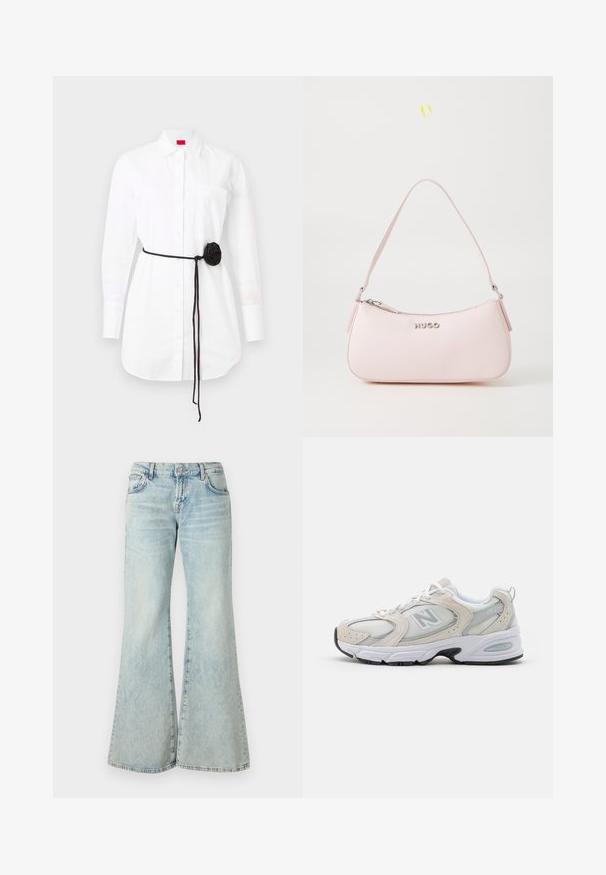 Hvid skjorte med lange ærmer, brystlomme og et sort stofbælte med rosetdetalje. Lavet af bomuldsstof med en glat tekstur.; Lyseblå flared jeans lavet af denim, med høj talje, lommer og frynset kant. Stoffet har et slidt look og en subtil struktur.; Sportssko med en lys grå mesh-overdel og ruskindsdetaljer, hvide snørebånd og en sort gummisål. Bemærkelsesværdig ABZORB dæmpning.; Rosa læderhåndtaske med et buet design, lynlåslukning og skulderrem. Har et sølvlogo foran.