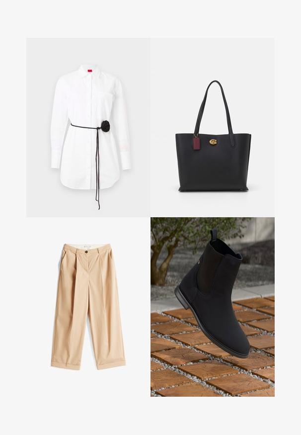 Cămașă albă cu nasturi, cu mâneci lungi, buzunar pe piept și o curea din material negru, cu un detaliu în formă de rozetă. Material din bumbac cu o textură netedă.; Pantaloni largi bej, confecționați dintr-un material ușor, cu pliuri frontale, închidere cu nasture și manșete răsucite. Textură netedă cu o croială ajustată.; Botine negre cu panou elastic pe lateral, suspendate deasupra unor plăci pătrate din lemn, înconjurate de pietricele, într-un cadru exterior.; Geantă tote din piele neagră, cu două mânere lungi, finisaj texturat, accesorii aurii și un etichetă burgundă. Design spațios, cu deschidere pe partea de sus.