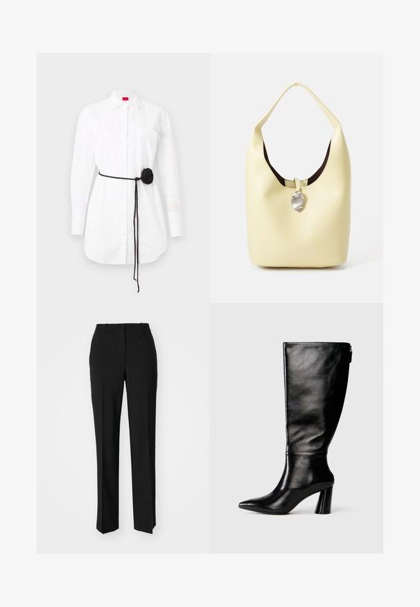 Bela srajca z dolgimi rokavi, žep na prsih in črn pas iz tkanine s podrobnostjo v obliki rožice. Bombažni material z gladko teksturo.; Črne krojene hlače s direktnim krojem, ki se ponašajo z gladko teksturo in ostrimi pregibi spredaj. Ni vidne kovine.; Črne usnjene škornje do kolen s koničastim nosom, gladko teksturo in debelim peto. Imajo zadrgo na hrbtni strani.; Hobo torba iz mehkega rumenega usnja z zaobljeno obliko. Ima gladko površino, temno notranjost in srebrn poudarek na zapiranju.