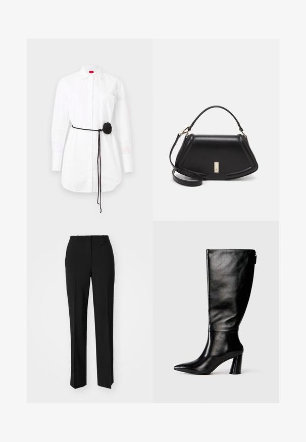 Hvid skjorte med lange ærmer, brystlomme og et sort stofbælte med rosetdetalje. Lavet af bomuldsstof med en glat tekstur.; Sorte skræddersyede bukser med lige ben-design, der har en glat tekstur og skarpe folder langs fronten. Ingen synlige hardware.; Knee-high sorte læderstøvle med spids tå, glat tekstur og en kraftig hæl. Har en lynlåsdetaile bagpå.; Sort læderhåndtaske med en struktureret design, der har en kortet form, tophåndtag og guld hardware-accenter. Justerbar skulderrem inkluderet.