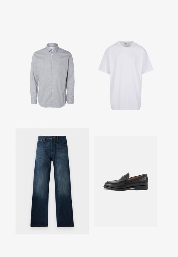 Camicia a maniche lunghe a righe blu e bianche con colletto button-down, bottoni frontali e dettagli sui polsini, realizzata in un tessuto leggero.; Maglietta bianca in cotone con maniche corte, scollatura rotonda, vestibilità comoda e senza loghi o motivi visibili. Texture liscia e design minimale.; Jeans in denim blu scuro con design a gamba dritta, caratterizzati da una texture leggera, passanti per cintura e un classico stile a cinque tasche.; Mocassini in pelle nera con finitura liscia, punta arrotondata e cuciture decorative sulla tomaia. Tacco basso impilato e leggero lucido.