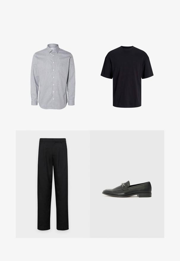 Niebieska i biała w paski koszula z długim rękawem, z kołnierzykiem zapinanym na guziki, guzikami z przodu i akcentami przy mankietach, wykonana z lekkiego materiału.; Czarna bawełniana koszulka z okrągłym dekoltem, krótkimi rękawami i luźnym krojem. Gładka tekstura, bez widocznych wzorów czy akcentów.; Czarne spodnie wykonane z gładkiego materiału, z prostą nogawką, dwoma fałdami z przodu oraz standardowym paskiem z wypustkami na pasek.; Czarne skórzane mokasyny o gładkim wykończeniu, z haftowanym wzorem i dekoracyjnym akcentem z metalowego łańcucha na wierzchu. Płaska pięta.