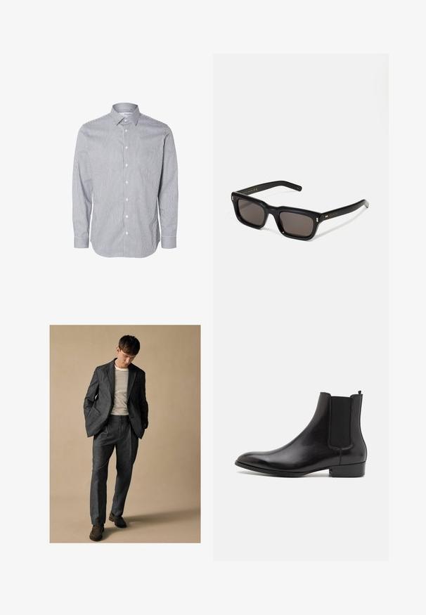 Plava i bijela prugasta košulja s dugim rukavima, dugim gumbićem, gumbima sprijeda i naglascima na manžetama, izrađena od lagane tkanine.; Sivi odijelo krojeno s reverima i prednjim džepovima, u kombinaciji s prugastom košuljom. Hlače imaju slobodan kroj i detalj pregiba. Smeđe cipele.; ALDO BERT - Klasične gležnjače - black; Crne pravokutne sunčane naočale s tamnim lećama, debelim plastičnim okvirom, zlatnim akcentima na sljepoočnicama i logotipom marke ugraviranim na dršku.