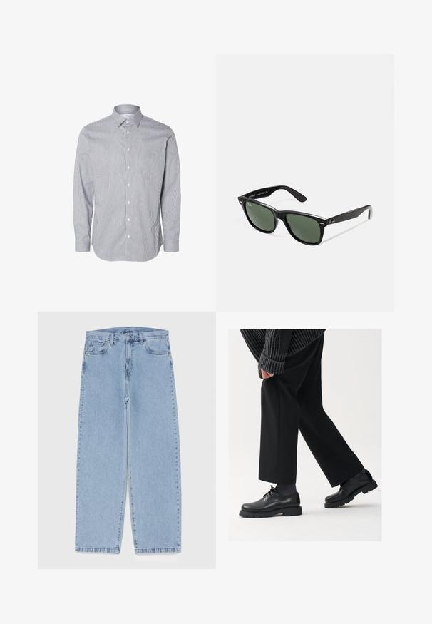 Mėlynai ir balta dryžuota ilgomis rankovėmis marškiniai su atlenkiamu stojimu, priekiniais mygtukais ir rankogalių akcentais, pagaminti iš lengvos medžiagos.; Šviesiai mėlyni džinsai su tiesiomis kojomis, turintys vidutinio aukščio juosmenį, penkias kišenes ir mygtuko bei užtrauktuko uždarymą.; Juodos odinės kojinės su apvalia nosimi, raištelių dizainu ir storu, tekstūriniu padu. Dėvimos su pritaikytomis juodomis kelnėmis ir liniuotėmis megztiniu.; Juodi plastikiniai saulės akiniai su žaliais objektyvais, kvadratiniais rėmeliais, sidabriniu akcentu ant antakio ir tekstūruotais šventyklų šakutėmis. Vidinėje šakutėje nurodyta prekės ženklo pavadinimas.; Kvarcinis laikrodis su sidabriniu nerūdijančio plieno apyranke, apvaliu juodu ciferblatu, baltais valandų žymekliais ir datos rodymu 3 valandą. Atsparus vandeniui iki 50m.