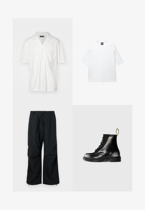 Short-sleeve white shirt in cotton blend, featuring a pointed collar, front pocket, and subtle embroidered accent on the left side.; White short-sleeve t-shirt made of cotton, featuring a round neckline and relaxed fit with straight hem. No patterns or embellishments.; Black, wide-legged trousers featuring a drawstring waist and elastic hems. Made of lightweight, textured fabric. Simple design.; Black leather ankle boots with a shiny finish, eight eyelets, black laces, and a pull tab. Features a textured treaded sole.