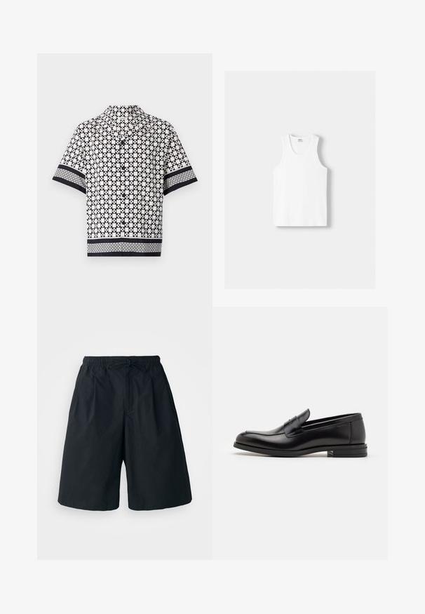 sandro CROSS - Košile - noir; Bílý bavlněný top na ramínka s kulatým výstřihem, širokými ramínky a rovním lemem, s hladkou texturou a bez viditelných vzorů.; Černé šortky s elastickým pasem a nastavitelným tkaničkami. Vyrobené z hladkého materiálu, mají volný střih a žádné viditelné vzory.; Černé kožené polobotky s hladkou texturou, zaoblenou špičkou a zdobným páskem přes nárt. Nízký stohovaný podpatek, minimalistický design.