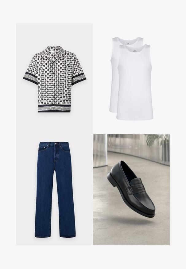 sandro CROSS - Skjorter - noir; Hvide bomulds tanktoppe, ærmeløs design, rund hals, ensartet tekstur, med et blødt, let stof. To stykker vist.; Mørkeblå denimjeans med lige ben, der har orange syninger, knaplukning og to forlommer med kontrasterende nitter.; Sort lædersko med glat tekstur, spids tå og en dekorativ rem over vristen. Letvægts sål, minimalistisk design.