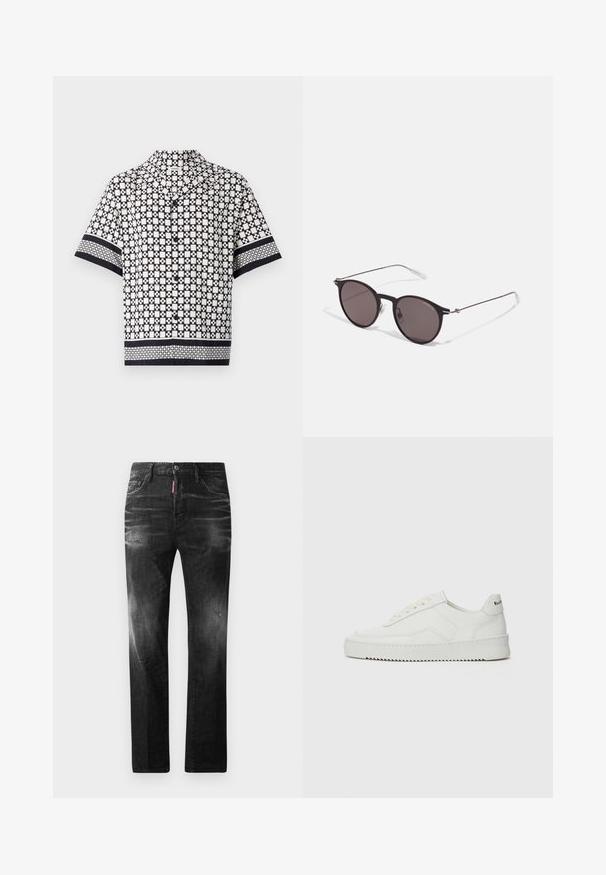 sandro CROSS - Hemd - noir; Schwarze Jeans aus Denim mit geradem Schnitt. Verfügt über ausgebleichte Bereiche, leichte Abnutzung, klassisches Fünf-Taschen-Design und einen Knopfverschluss.; Weiße Ledersneaker mit glatter Oberfläche, runder Zehenpartie, flachen Schnürsenkeln und strukturiertem Sohlenprofil. Mit einem dezenten Logo an der Ferse.; Schwarze runde Sonnenbrille mit dunklen Gläsern und schlanken Metallbügeln. Enthält klare Tempelspitzen und silberne Akzente am Scharnier. Minimalistisches Design.