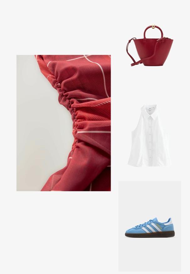 Biała bezrękawnikowa koszula z wyprofilowanym kołnierzykiem, zapinana na guziki z przodu, o luźnym kroju. Wykonana z gładkiego, lekkiego materiału.; Czerwony, teksturowany materiał z marszczonymi detalami i białymi liniowymi wzorami, charakteryzujący się gładkim i lekko błyszczącym wyglądem.; Jasnoniebieskie zamszowe trampki z białymi skórzanymi paskami, brązową teksturowaną podeszwą i złotym logo. Niskoprofilowy design z zaokrąglonym czubkiem.; Czerwona skórzana torebka z zaokrąglonym wierzchem, o strukturalnym kształcie stożka, z krótkim uchwytem i odpinanym paskiem na ramię. Posiada złote akcenty metalowe.