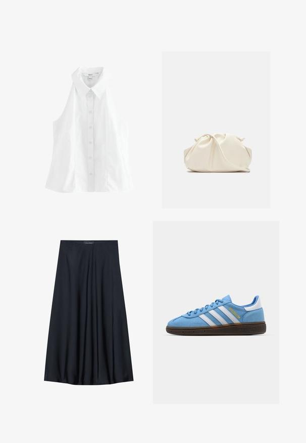 Chemise sans manches blanche avec un col pointu, fermeture à bouton sur le devant et une coupe décontractée. Fabriquée à partir d'un tissu lisse et léger.; Jupe noire, arrivant aux genoux, en tissu léger avec un design fluide. Présente une texture lisse et de subtils plis pour un détail supplémentaire.; Baskets en suède bleu clair avec des rayures en cuir blanc, une semelle texturée marron et un détail de logo doré. Design basse avec un bout rond.; Sac en cuir synthétique de couleur crème, doux, avec un design froncé, une bandoulière adjustable et une fermeture à cordon subtile. Texture lisse et forme arrondie.