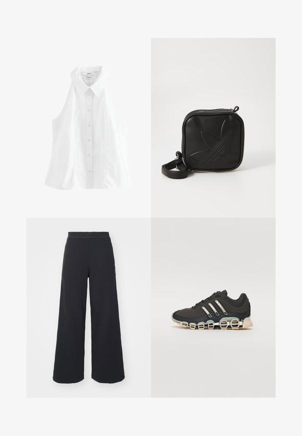 Weißes ärmelloses Hemd mit spitzem Kragen, Knopfleiste vorne und lockerer Passform. Hergestellt aus einem glatten, leichten Stoff.; Schwarze weite Sweatpants aus weichem Material, mit einem elastischen Taillenbund und einem kleinen Logo auf der linken Seite.; Schwarzer Sportschuh mit einer strukturierten Oberseite, drei silbernen Streifen und einer markanten Dämpfungssohle mit mehreren integrierten Sektionen.; Schwarze Umhängetasche aus strukturiertem synthetischem Material. Verfügt über ein eingeprägtes Logodesign und einen verstellbaren Riemen. Mit Reißverschluss geschlossen.