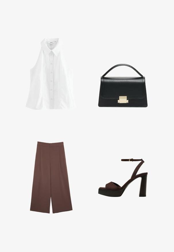 Biała bezrękawnikowa koszula z wyprofilowanym kołnierzykiem, zapinana na guziki z przodu, o luźnym kroju. Wykonana z gładkiego, lekkiego materiału.; Brązowe spodnie o szerokich nogawkach z gładką fakturą, z wysokim stanem i plisami z przodu. Materiał jest lekki i luźno opada.; Brązowe zamszowe sandały na wysokim obcasie z odkrytymi palcami, regulowanym paskiem na kostce i paskowatą podeszwą.; Czarna skórzana torebka o zorganizowanej konstrukcji, z górną rączką i złotym metalowym zapięciem z przodu. Gładka faktura, minimalne przeszycia.