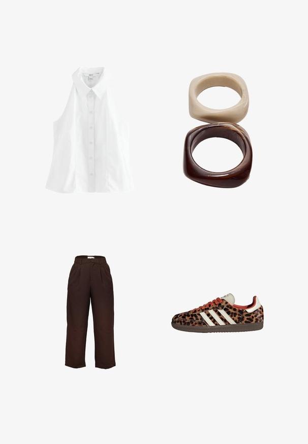 Bílé bezrukávové tričko s špičatým límcem, předním zapínáním na knoflíky a volným střihem. Vyrobeno z hladké, lehké tkaniny.; Kalhoty s vysokým pasem, široké a tmavě hnědé, s poutky na pás a předními řaseními, vystavené na bílém pozadí.; Tenisky se vzorem leopardí kůže, z suédového materiálu, s červenými tkaničkami a třemi bílými pruhy na boku. Má krémovou jazyk a hnědou podrážku.; Stradivarius SET - Náramek - dark brown