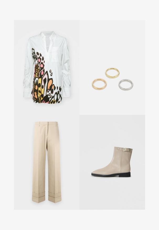 Balta ilgomis rankovėmis bluzonė, puošta spalvinga drugelių raštą juoda, rožine ir oranžine spalvomis; turi apykaklę ir krūtinės kišenę. Minkšta audinio tekstūra.; Kreminės kelnės su tiesiu kirpimu, turinčios dvigubą kraštą ant apačios ir plokščią priekinę dalį. Pagamintos iš lygaus, patvaraus audinio.; Bežiniai odiniai auliniai batai su smailiu priekiu, juodu padu, žemu kulnu ir auksine sagtimi išorinėje pusėje, pristatyti baltame fone.; Trys metalinės žiedai: vienas rožinės aukso, vienas auksinis su tekstūruotais akcentais ir vienas sidabrinis, visi su įmintu ženklinimu vidinėje juostoje.