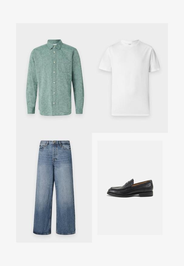GAP STANDARD - Košeľa - rain forest; Biela tričko s krátkym rukávom vyrobené z jemnej bavlny. Obsahuje okrúhly výstrih a rovný lem s minimálnymi detailmi.; Široké modré džínsy s vyblednutým umývaním, dizajnom s piatimi vreckami a zapínaním na gombík. S opaskovými pútkami a prešitými detailmi.; Čierne kožené mokasíny s hladkým povrchom, zaoblenou špičkou a dekoratívnym prešívaním na prednej časti. Nízky kokteilový opätok a jemný lesk.