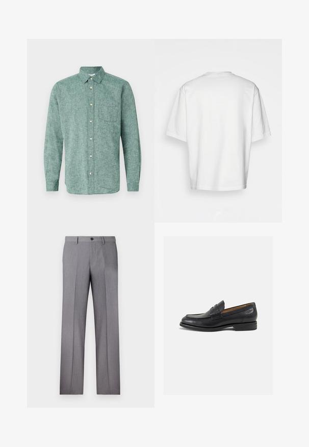 GAP STANDARD - Košile - rain forest; Bílý krátký rukáv tričko, volný střih, kulatý výstřih, hladká bavlněná tkanina, nezdobený zadní díl, rovný lem, žádné vzory ani akcenty.; Šedé kalhoty s rovnými nohavicemi, dvěma postranními kapsami a zapínáním na jeden knoflík. Hladká textura s jemným proužkovaným vzorem.; Černé kožené mokasíny s hladkým povrchem, zaoblenou špičkou a dekorativním prošíváním na svršku. Nízký podpatka a mírný lesk.