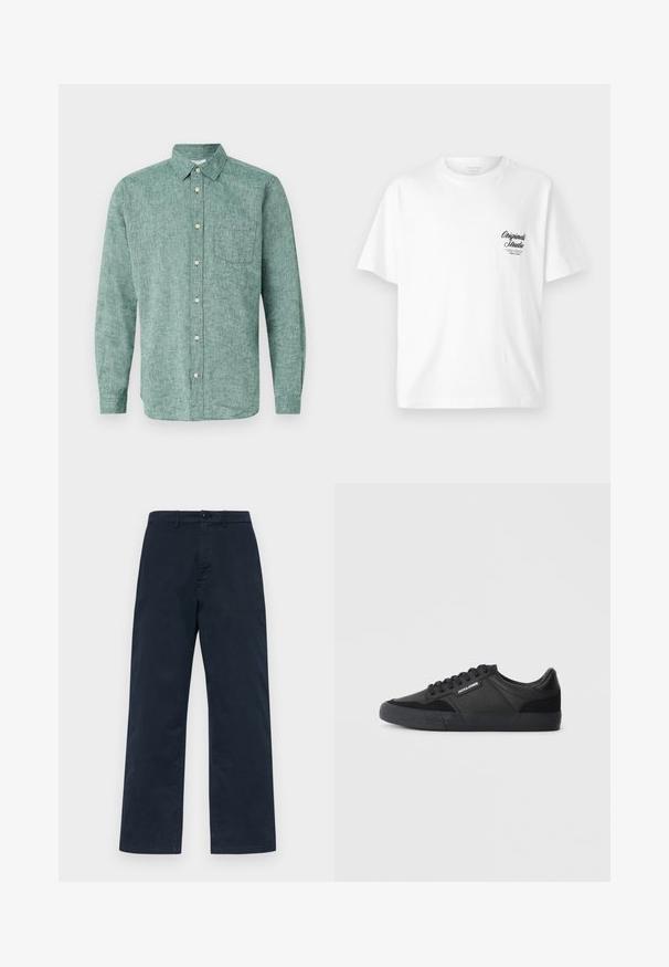 GAP STANDARD - Marškiniai - rain forest; Balta medvilninė marškinėliai su apvaliu kaklu, trumpomis rankovėmis ir juodu spausdintu logotipu kairėje krūtinės pusėje, turinčiu vintage rašmenų dizainą.; Jūrų mėlynos medvilninės kelnės su tiesia kojų forma, turinčios priekinį mygtuko užsegimą ir diržo kilpas. Paprasta, vientisa tekstūra be raštų.; Juodi kedai, pagaminti iš odos ir zomšos, su apvaliais raišteliais, tekstūruota guma padais ir prekės ženklo logotipu šone.
