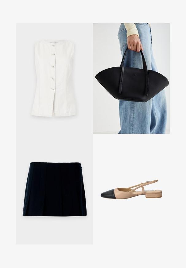 Valge ilma varrukateta denimist vest ümmarguse kaelusega ja viie nupuga ees. Omab külgõmblusi vormitud kuju jaoks.; Must mustriga mini seelik, mis on valmistatud kangast. Omab sirget vöönda ja mitu vertikaalset voldikut kuju ja tekstuuri loomiseks.; Beez ja must kahetooniline slingback king, millel on terav nina, lame konts ja ristuv rihma detail. Sile nahk tekstuur.; Must mustra kott, millel on unikaalne fännikujuline disain, millel on lapikud käepidemed. Pinna tekstuur on kivikujuline ja disain on minimalistlik.