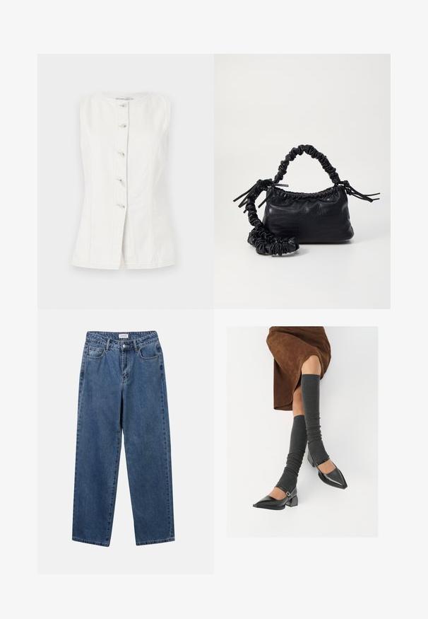 Bela brezrokavna denim jakna s okroglim izrezom in petimi gumbi spredaj. Ima stranske šive za prilegajočo obliko.; Klasične modre jeans hlače s ravnim krojem, petimi žepi in gumbom za zapiranje. Imajo srednje pranje in trdno teksturo.; Črne lakirane čevlje s pointy prsti in blok peto ter z naramnicami za gleženj, ki jih kombiniramo s sivimi rebrastimi nogavicami in rjavim suknjičem iz usnja.; Črna torbica iz umetnega usnja s krokodilovo teksturo, z zvitim vrhom in zmečkano naramico. Zdi se mehka in kompaktna v oblikovanju.