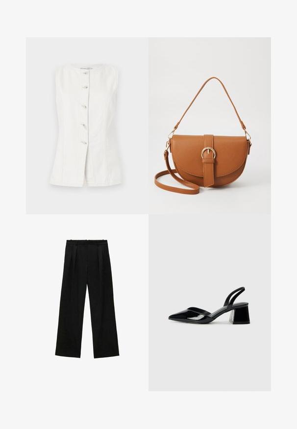 Vesta din denim alb fără mâneci, cu guler rotund și cinci nasturi pe față. Prezintă cusături laterale pentru o formă ajustată.; Pantaloni negri cu picioare largi și pliseuri, având o textură netedă și un design cu talie înaltă. Stil minimalist, fără accesorii sau detalii vizibile.; Pantofi cu toc slingback din piele lacuită neagră, cu vârf ascuțit și toc geometric. Prezintă un design elegant, minimalist și o textură netedă.; Geantă din piele maro, tip crossbody, cu o formă curbată, accesorii aurii și un accent cu cataramă. Dispune de un curea de umăr detașabilă.