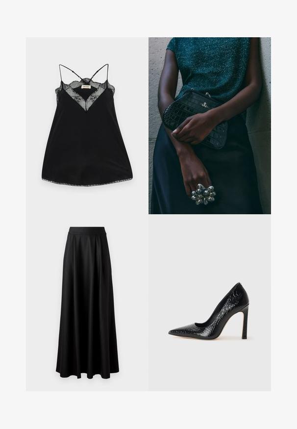 Svart cami med justerbara axelband, prydd med en spetsig djup urringning och vågiga kanter. Slät tyg med en lätt glans.; Beige långärmad blus med bred krage, rynkad midja och åtsittande ärmar, visad på en vit bakgrund.; Svart kjol i golvlängd med slät textur, bred midja och plisserad design, utan synliga mönster eller dekorationer.; Svart spetsig högklackad sko med krokodilskinnsstruktur, som har en elegant design, hög stilettklack och en slät svart innersula.; Svart clutchväska med krokodilmönster och silver detaljer, hålls mot en texturerad grå bakgrund. Har en blank yta.
