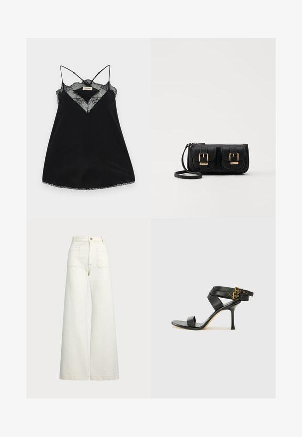 Czarna koszulka na ramiączkach z regulowanymi sznurkami, z koronkowym dekoltem w kształcie litery V i falbaniastymi brzegami. Gładki materiał o lekkim połysku.; Spodnie dżinsowe o szerokich nogawkach w odcieniu off-white. Wysoki stan z zapięciem na guzik, dwiema kieszeniami z przodu i detalami z kontrastowym przeszyciem.; Czarne sandały na obcasie z krzyżującymi się paskami i regulowanym zapięciem. Charakteryzują się gładką teksturą i zwężanym obcasem w kształcie szpilki.; Czarna skórzana torba na ramię z dwoma przednimi kieszeniami, złotymi klamrami, zamkiem błyskawicznym i cienkim paskiem. Teksturowana powierzchnia i kompaktowy prostokątny kształt.