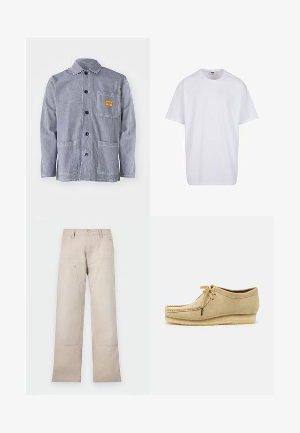 Gestreifte Arbeitsjacke in Marineblau und Weiß, mit einem Knopfverschluss vorne, Kragen, einer Brusttasche mit gelbem Etikett und zwei vorderen Taschen.; Weiße Baumwoll-T-Shirt mit kurzen Ärmeln, rundem Ausschnitt, lockerer Passform und ohne sichtbare Logos oder Muster. Glatte Textur und minimalistisches Design.; Beige Baumwollhosen mit einem geraden Bein-Design, ausgestattet mit zwei Vordertaschen und zwei Reißverschluss-Akzenten. Goldfarbene Hardware setzt Akzente.; Beige Wildlederschuh mit Schnürdesign, gestickten Details und Gummisohle. Die Form ist lässig mit einem leichten Keilabsatz.