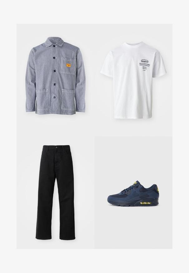 Dryžuotas darbo švarkas tamsiai mėlynos ir baltos spalvų, su mygtukų užsegimu, apykakle, krūtinės kišene su geltona etikete ir dviem priekinėmis kišenėmis.; Balta medvilninė marškinėliai trumpomis rankovėmis, apvaliu iškirpimu ir grafiniu spaudiniu, kuriame užrašas "Carhartt WIP" ir maisto iliustracija ant krūtinės.; Juodo džinsinio audinio keliaraiščiai su tiesia iškarpa, turintys priekinės kišenes, užtrauktuką ir vieną viršutinį mygtuką. Audinys tekstūruotas, su matinio paviršiaus apdaila.; Tamsiai mėlyni Nike Air Max sportbačiai su zomšiniu ir tinkliniu paviršiumi, su geltonais akcentais, raištelių uždarymu ir matoma oro pagalve pada.